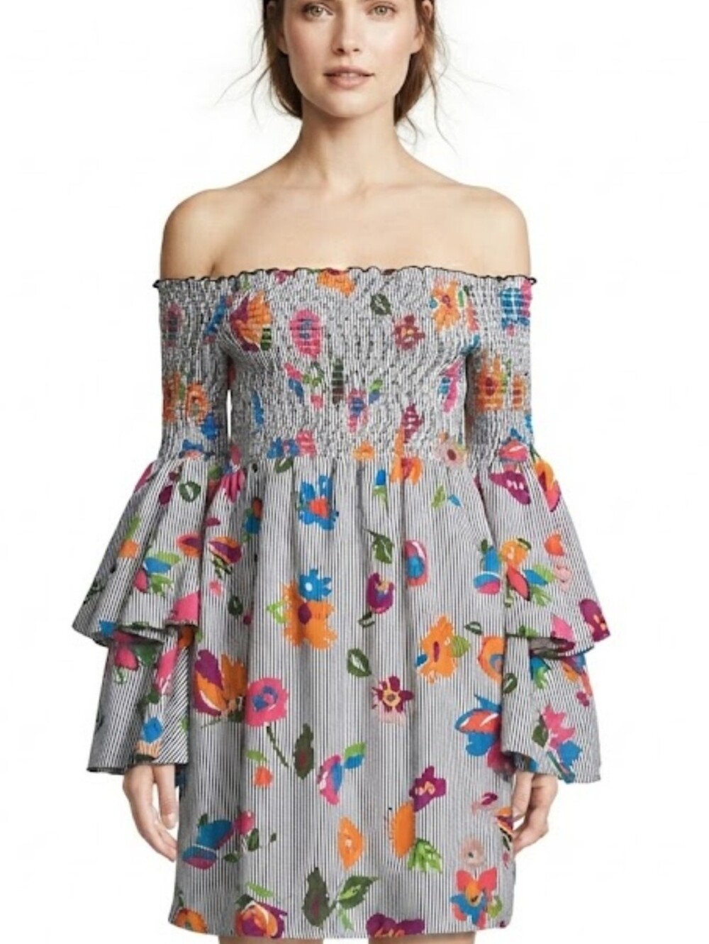 Nicole Miller Floral Smocked Mini Dress Tiered Bell Sleeve Striped Boho Size 6